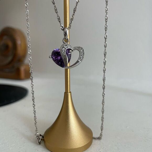 Jeulia 925 Silver Double Heart Pendant Necklace Amethyst CZ Stone Pendant - Picture 2 of 5